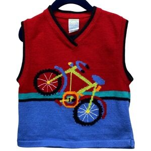 Chez Ami Bicycle Knit Sweater Vest Kids Size S Red Blue Colorblock V-Neck F5-835